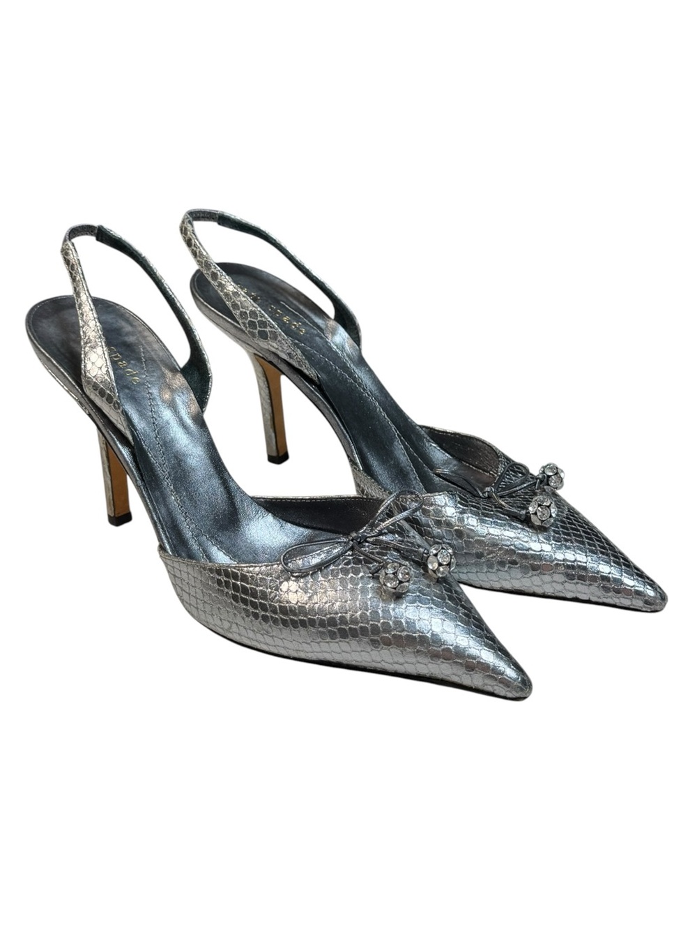 Vintage Y2K Kate Spade New York Silver Snake Print Slingback Heels Italy 7.5 B